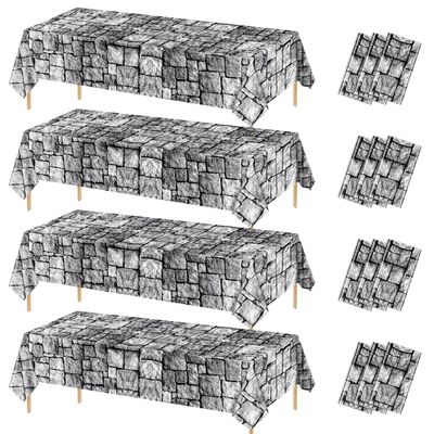 12 Stone Wall Tablecloths, Cobblestone & Rectangular Brick Designs, Stone Printed Table Cover, 51 x 86 Inch - Perfect for Medieval Castle, Knight & Halloween Party Supplies