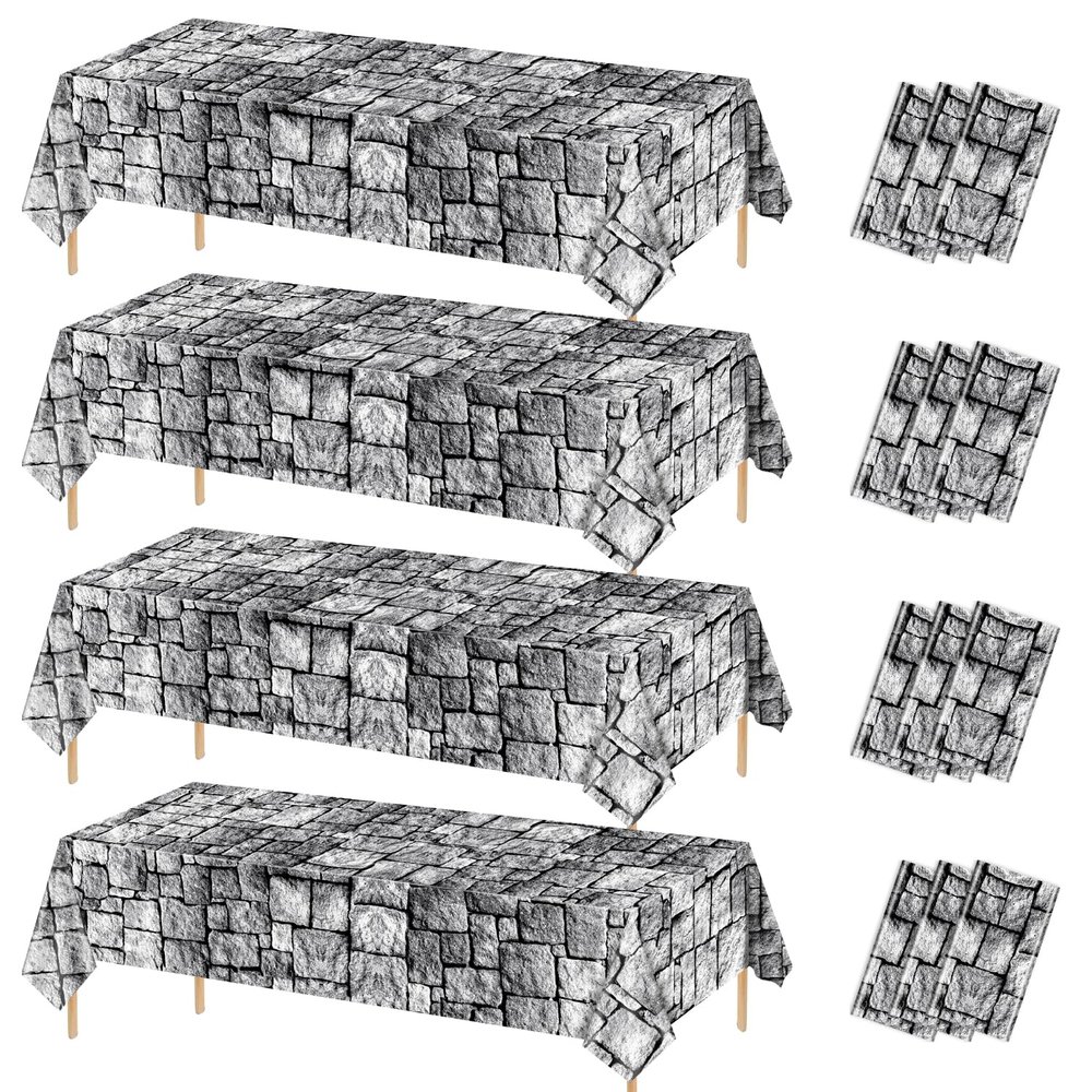 12 Stone Wall Tablecloths, Cobblestone & Rectangular Brick Designs, Stone Printed Table Cover, 51 x 86 Inch - Perfect for Medieval Castle, Knight & Halloween Party Supplies
