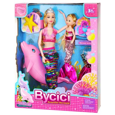 Magical Mermaid Dolls Set for Girls 4-7 - Princess Twin Dolls with Color-Changing Purple Dolphin, Summer Outfits & Sparkling Accessories (Crown, Flip Scales, Starfish Comb) Water Play Birthday Gift