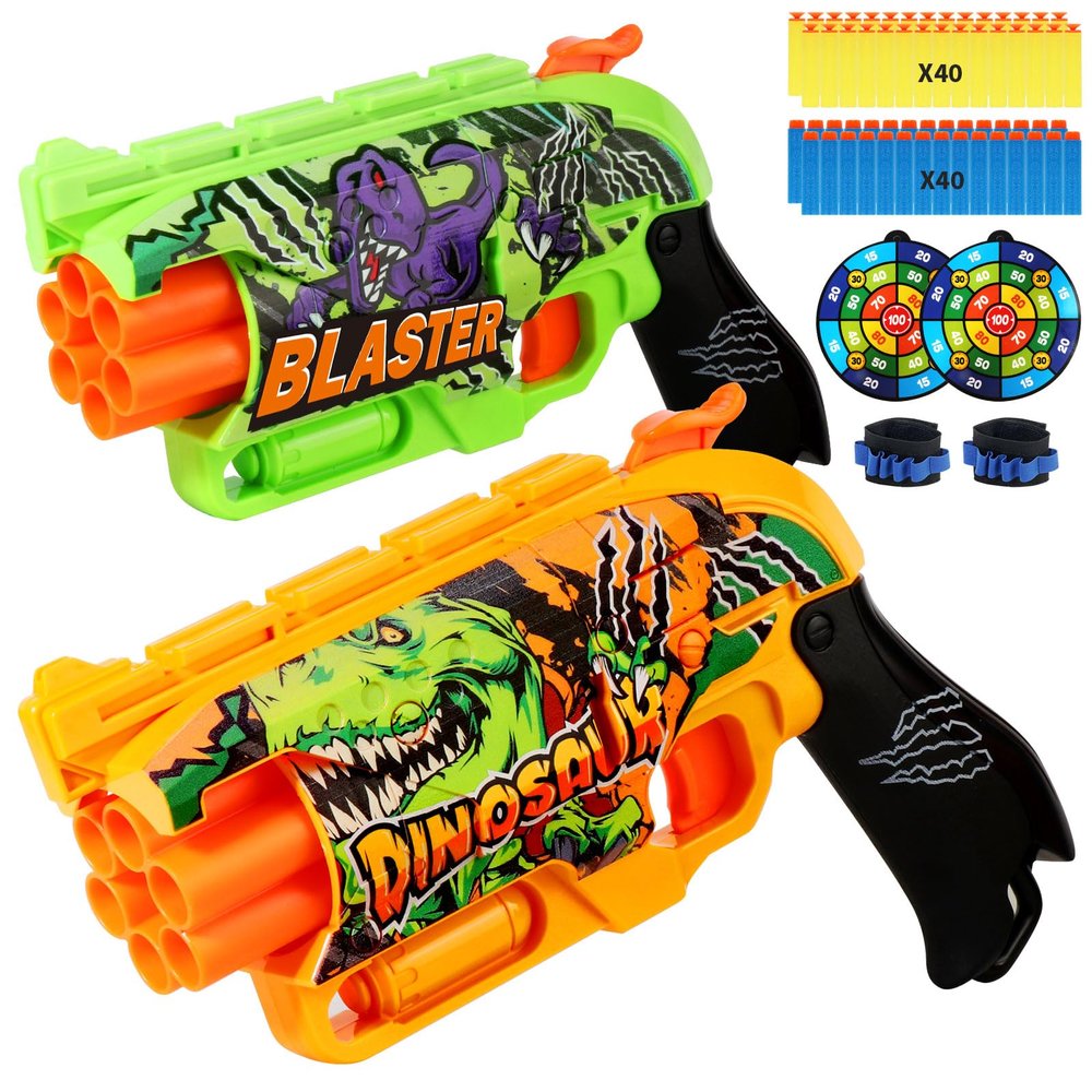 2 Pack Dinosaur Doodle Toy Gun Toy Foam Blaster with 80 Foam Bullets, 6 Dart Spinning Drums Pistol Toy, Foam Dart Gun Shooting Game Activities, Birthday Gift for Kids, Teens, and Ages 6 and Up