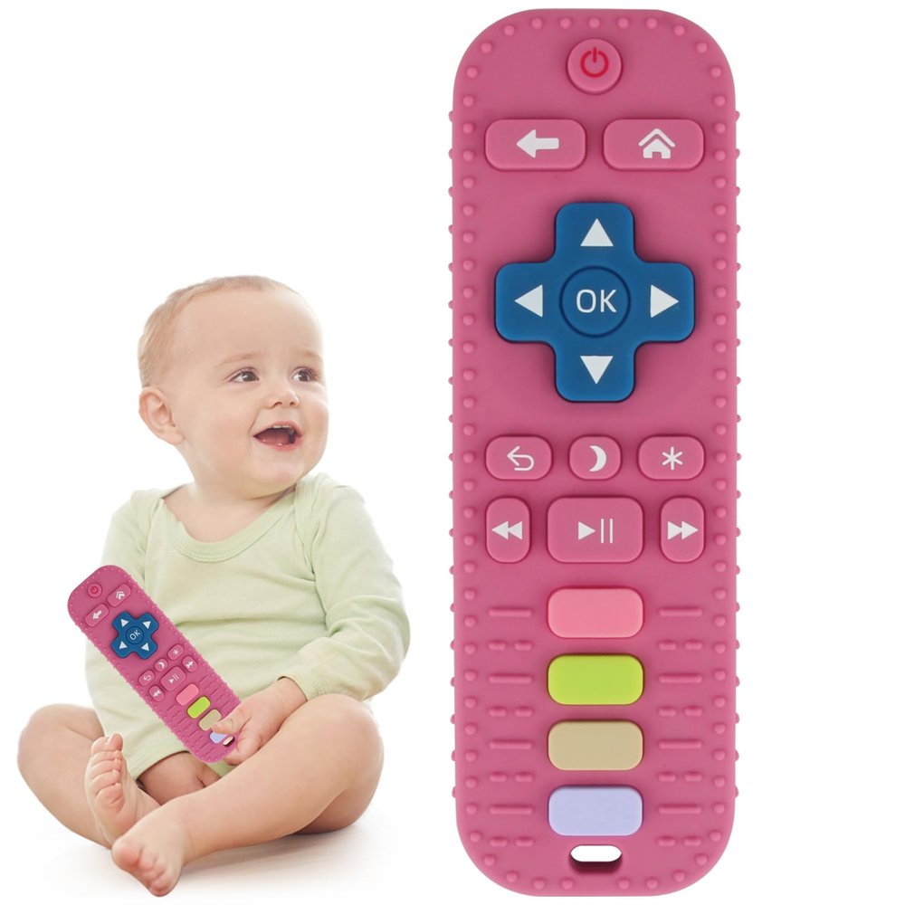 Baby Teether Toy for Babies 3-24 Months TV Remote Control Shape Chew Toy Teething Relief Baby Toys for Infants (Rose red)