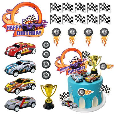 MEMOVAN Race Car Birthday Cake Decoration 24PCS Racing Car Cake Toppers Checkered Flag Cars Cake Cupcake Decorations for Man Boy Kid Racing Cars Theme Birthday Supplies Party Favors