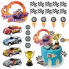 MEMOVAN Race Car Birthday Cake Decoration 24PCS Racing Car Cake Toppers Checkered Flag Cars Cake Cupcake Decorations for Man Boy Kid Racing Cars Theme Birthday Supplies Party Favors view 1