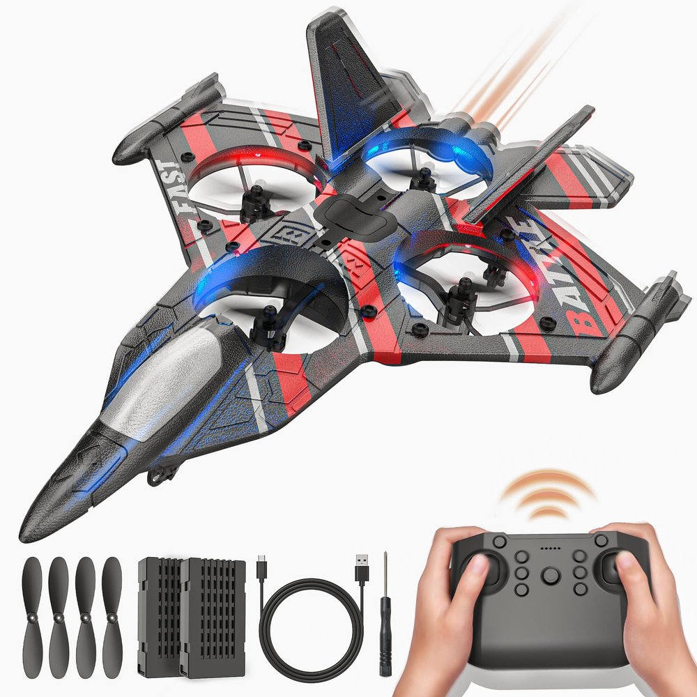 BEZGAR Drones for Kids | 2.4GHZ RC Plane, Remote Control Airplane, RC Helicopter, 360 Flip Fighter Jet Toy, Toys for ages 8-13 with Colorful LED Navigation Lights Red