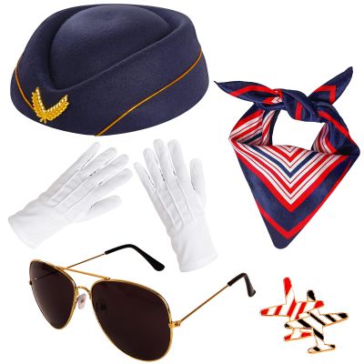 5 Pcs Flight Attendant Costume Accessories Women Airline Stewardess Outfits Flight Attendant Hat Pin Sunglasses Scarf Gloves