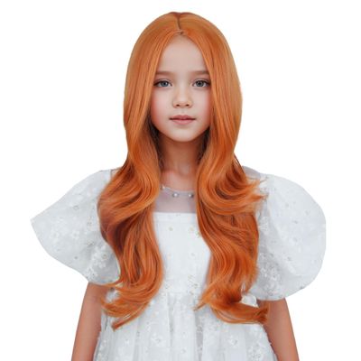 Edivd Ginger Wig Long Ginger Orange Wavy Curly Wig Long Orange Part Wigs Heat Resistant Synthetic Wigs with Cap (Small Size)