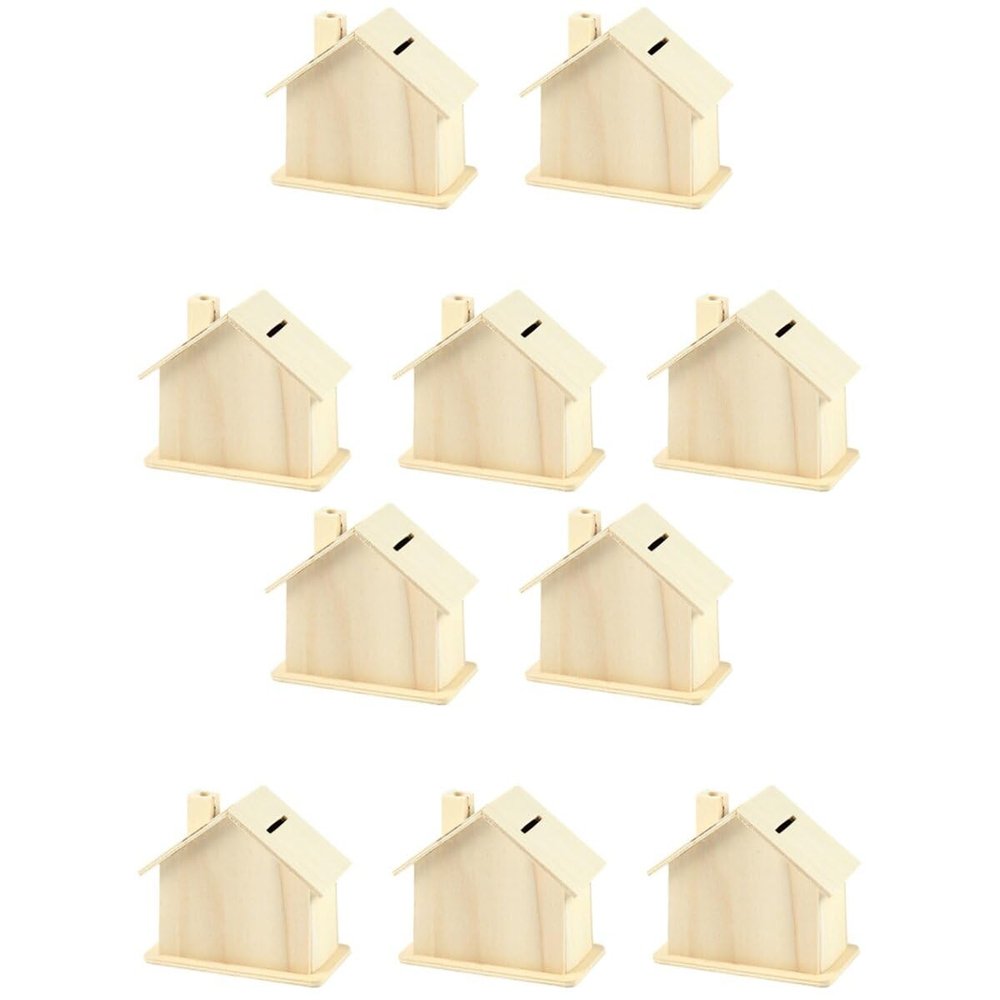 10pcs Unfinished Wooden Piggy Banks for Boy Girl Craft Adorable House Shaped Container for Creative Saving Activities