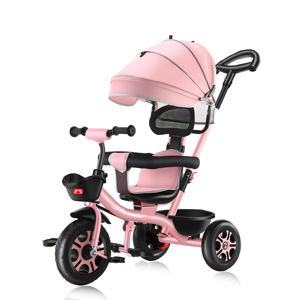 Oisei Kids Tricycle,Tricycle Stroller,Kid Stroller,5 in 1 Kids Trike Kids Tricycle Stroller with Push Handle,Removable Canopy/Guardrail,Adjustable Rotate Seat Baby Trike,Pink