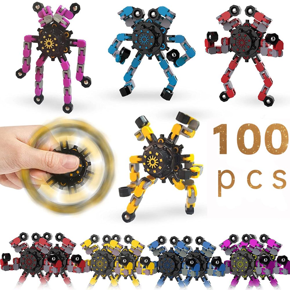 100pcs Random Fidget Spinners,DIY Deformable Robot Fingertip Toys,Decompression Spinner,Deformable Creative Mechanical Gyro Toys,Stress Relief Mechanical Chain Toy for Kids AdultsParty Supplies