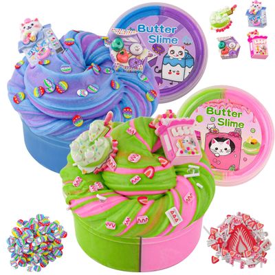 LAWOHO 2X120ml Butter Slime Kit Includes Two-Toned Butter Slime with 6 Packs Add-Ins, Slime for Kids Party Favors, Dessert Butter Slime Kit for Girls Boys Birthday Halloween Christmas Easter Gifts