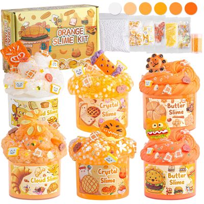 6 Packs Gradient Orange Slime Kit - Cloud Slime, Butter Slime & Clear Slime, Crunchy Slime for Kids with Various Slime Add-ins, Non Stick Slime Party Favors for Girls and Boys, 360ml Kids Slime(Bread)