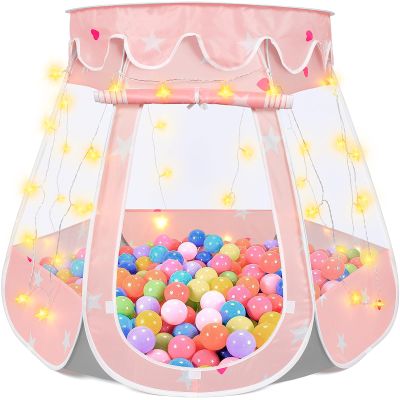 Crayline Pop Up Princess Tent with Star Light, Toys for 1 2 3 Year Old Girl Birthday Gift, Ball Pit for 12-18 Months Baby Girl Toys, Toddler Gifts, Easy to Pop Up and Assemble (Pink Gray)
