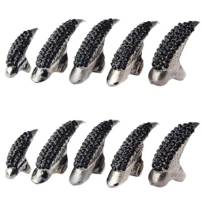 XJKLBYQ 10 PCS Halloween Costume Claws Fake Nails Ring Set, Gothic Punk 3 Sizes Crystal Full Finger Rings Paved Paw Bend Fingertip Fingernail Claw Girls Ring False Easy Long Nails (Black)