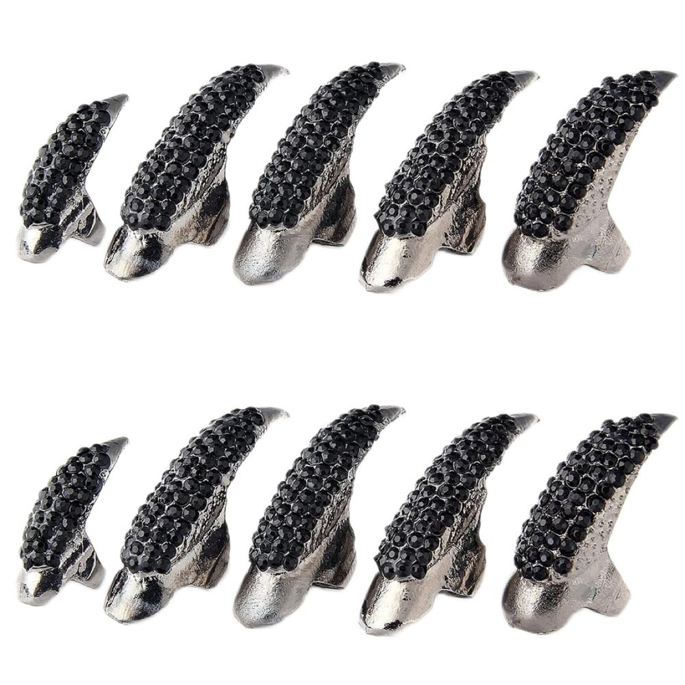 XJKLBYQ 10 PCS Halloween Costume Claws Fake Nails Ring Set, Gothic Punk 3 Sizes Crystal Full Finger Rings Paved Paw Bend Fingertip Fingernail Claw Girls Ring False Easy Long Nails (Black)