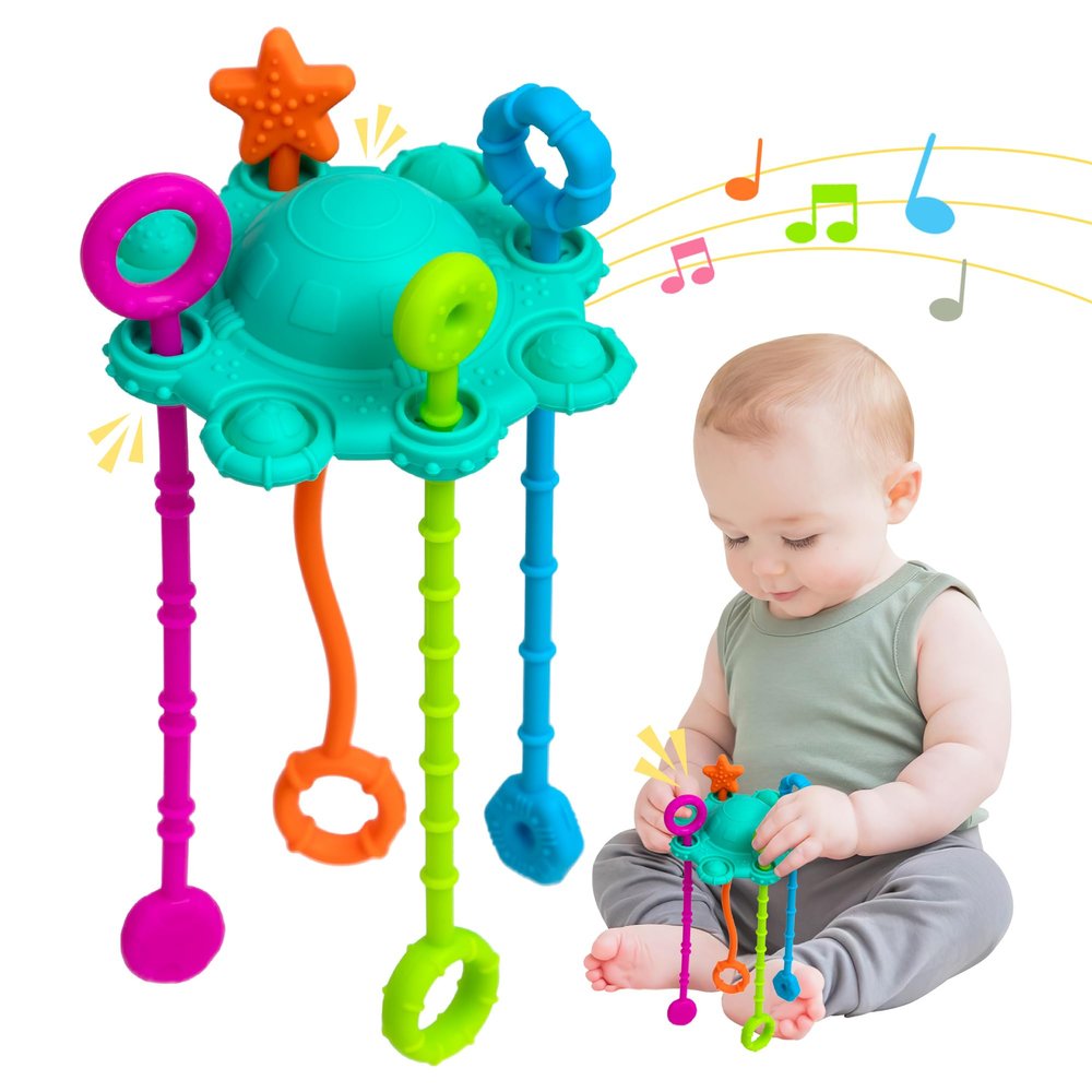ETETOO Montesorri-Toys - Montessori Pull String Toy - Made of 100% Food Grade Silicone with Built-in Rattle Function and Easy to Clean Design (Spearmint)