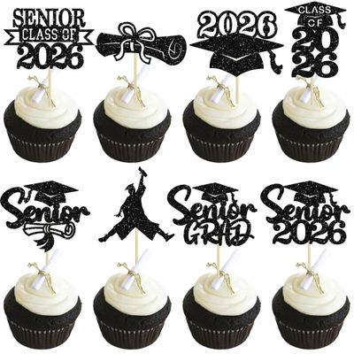 Ephlyn 24Pcs Graduation Cupcake Toppers Glitter Senior Class of 2026 Cake Toppers Diploma Grad Cap Cupcake Picks 2026 for Grade Graduation Party Supplies Black
