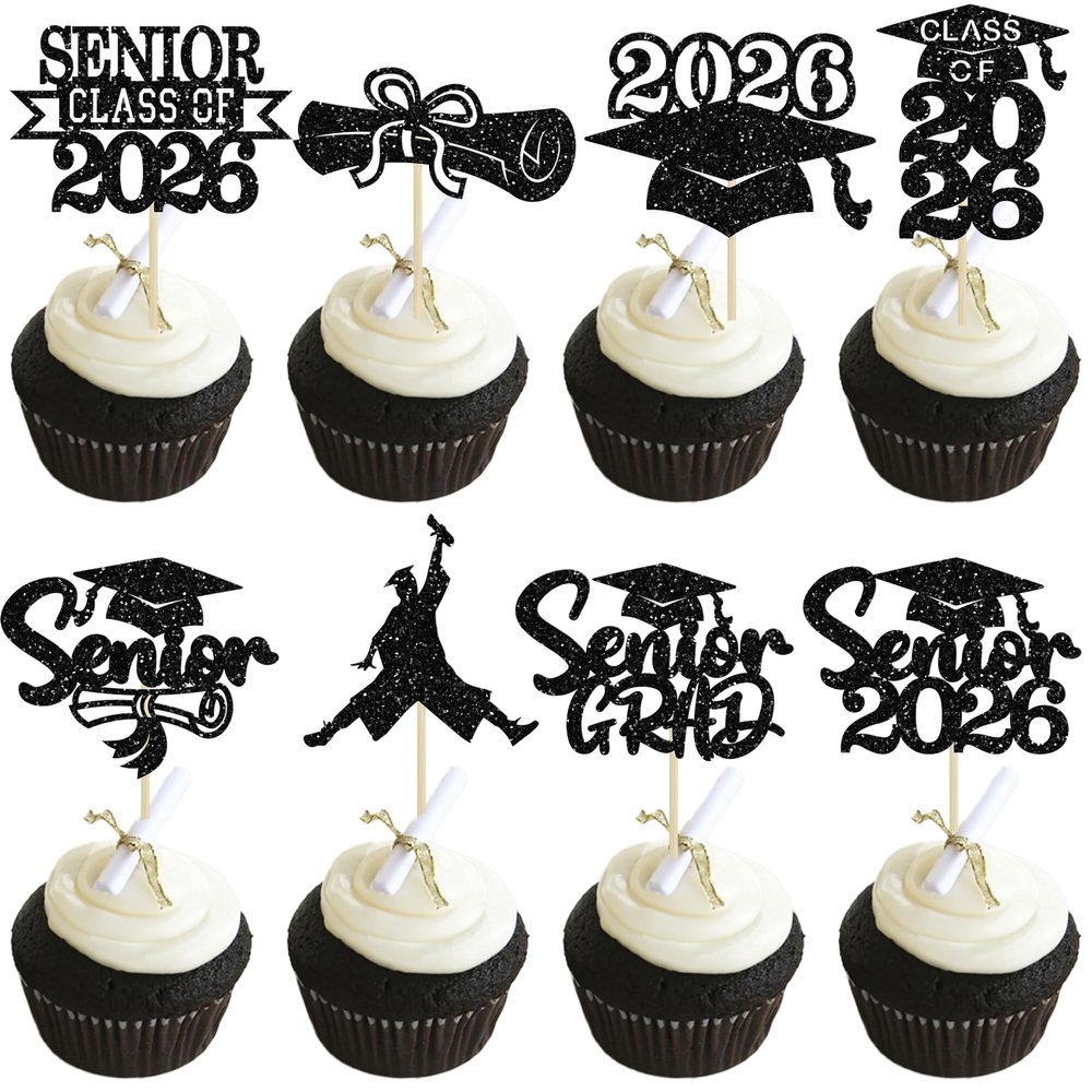 Ephlyn 24Pcs Graduation Cupcake Toppers Glitter Senior Class of 2026 Cake Toppers Diploma Grad Cap Cupcake Picks 2026 for Grade Graduation Party Supplies Black