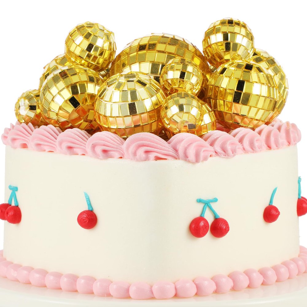 12 Pcs Disco Ball Cake Toppers, 5 Sizes Disco Ball Birthday Party Decorations Small Disco Ball Table Centerpiece Decor for 70s Disco Themed Dance Party Supplies Last Disco Party Gold