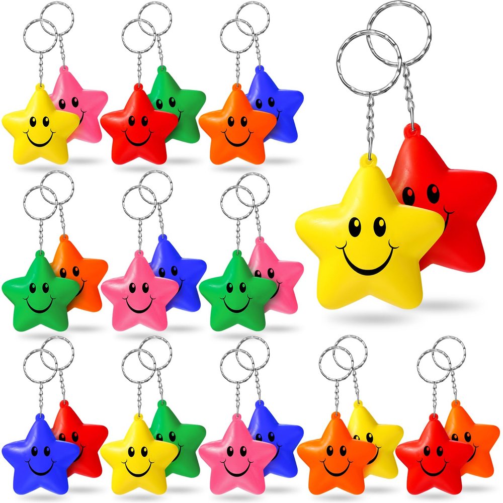 Vertintong 24 Pcs Star Stress Ball Bulk, Keychain Foam Star with Smile Face, Anxiety Relief Toys Gifts for School Reward, Carnival Prizes, Party Favors, Hand Exercise(Colorful)