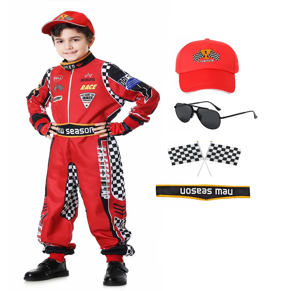 aicoaub Race Car Driver Costume Boys Racer Jumpsuit Kids Disfraz de Carro para Nio with Sunglasses for Toddler Halloween