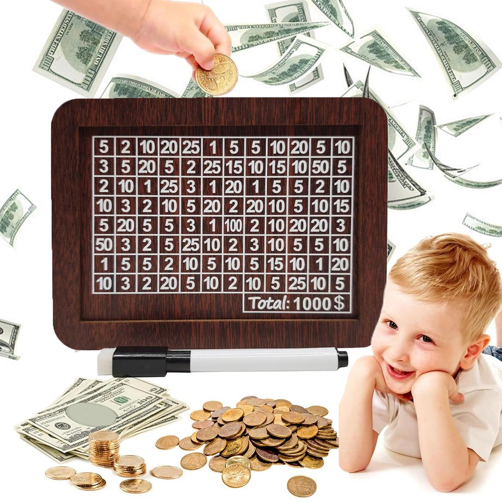 10000 Savings Challenge Box, Money Saving Box with Money Target and Numbers, Cash Vault Wooden Savings Box, Wooden Money Box, Coin Counter Piggy Bank for Adults, Wooden Coin Bank for Kids 1,000