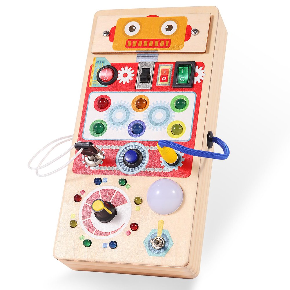 Asweets Montessori Busy Board for Toddler, Red Robot Sensory Board with 8 LED Shape Light Switches, Travel & Gift Toys for Kids