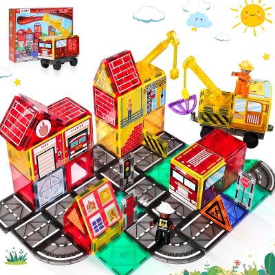 Magnetic Tiles Road Set with 2 Cranes & Double-Sided Magnet Tiles,Boys Toys for Ages 3-5 5-7 8-12,STEM Magnetic Building Construction Toys Include Car,Stations,Dolls,Roads,Signs,Gifts for 3+ Kids