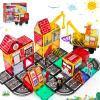 Magnetic Tiles Road Set with 2 Cranes & Double-Sided Magnet Tiles,Boys Toys for Ages 3-5 5-7 8-12,STEM Magnetic Building Construction Toys Include Car,Stations,Dolls,Roads,Signs,Gifts for 3+ Kids view 1