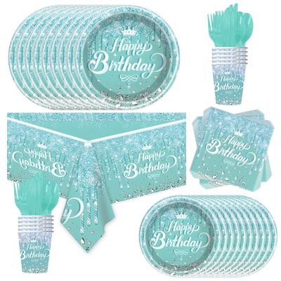 81Pcs Teal and Silver Tableware Set Sparkling Diamonds Party Decoration for Girls and Women Birthday Party Supplies (Blue)