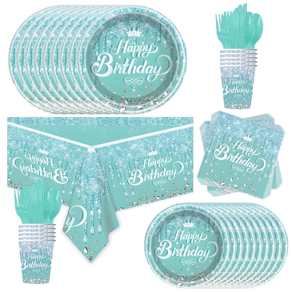 81Pcs Teal and Silver Tableware Set Sparkling Diamonds Party Decoration for Girls and Women Birthday Party Supplies (Blue)