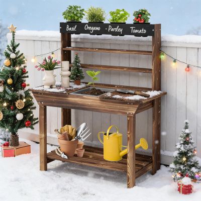 Costzon Kids Potting Bench, Wood Toy Gardening Center with 4 Pots, Chalkboard, Removable Sink, Storage Shelves, Mud Kitchen for Kids Outdoor Play Kitchen, Gift for Boys Girls 3+