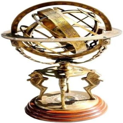 Antique Brass Celestial Globe, 11" Diameter, Zodiac Engravings, Brass Finish