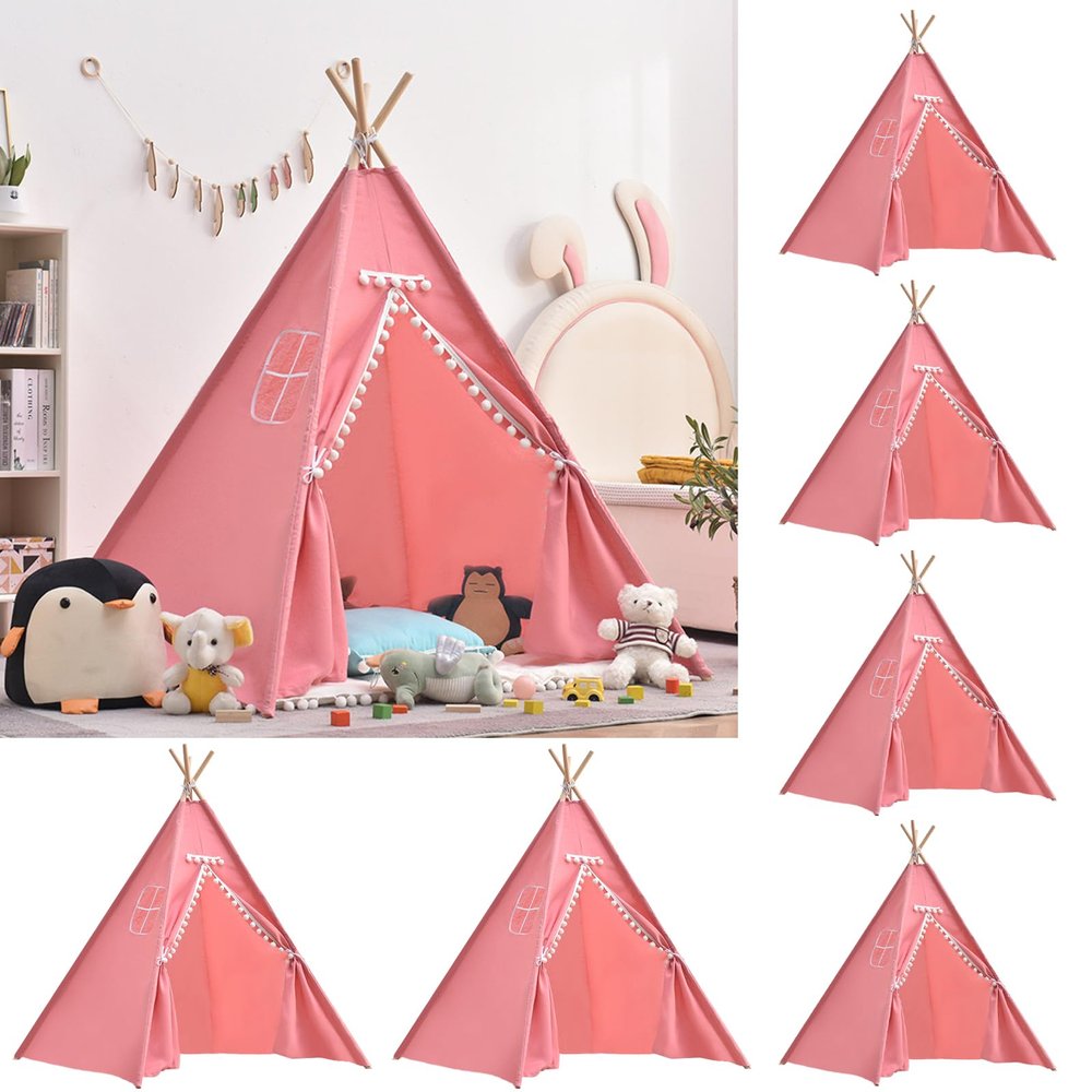 6 PCS Pink Kids Teepee Play Tent, Foldable Washable Tipi Tent Kids Boho Tent, Playhouse for Girls Boys Sleepovers Party Birthday Party Slumber Party for Indoor Outdoor Games