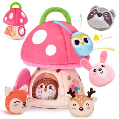 hahaland Baby Toys 6-12 Months - Montessori Toys for 6 Month Old Girl, My First Mushroom House with Stuffed Jungle Animals, Rattle, Crinkle Paper, Mirror, Sensory Toy Baby Girl Easter Gifts