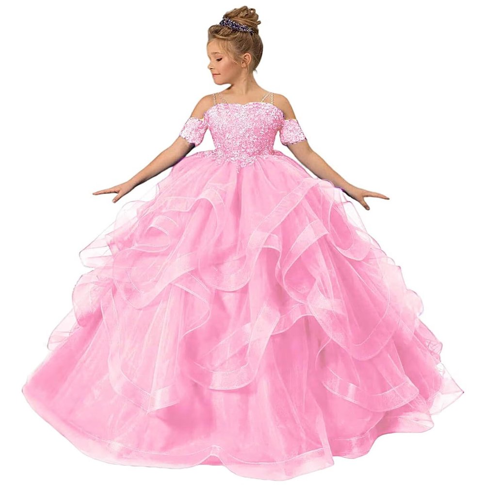 ZPVP Princess Flower Girl Dress for Wedding Long Tulle Girls Pageant Dress Puffy Ruffles Beaded Appliques Party Costumes Pink US13