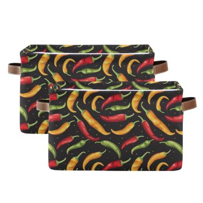 AMmao Rectangular Storage Basket Red Green Yellow Pepper Pattern Foldable Fabric Storage Bin with Handles Toys Book Clothes Bin for Closet Shelf Nursery Office Laundry Bedroom Decor 2 Pack
