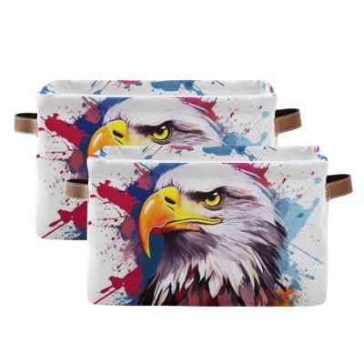 AMmao Rectangular Storage Basket Watercolor Bald Eagle Pattern Foldable Fabric Storage Bin with Handles Toys Book Clothes Bin for Closet Shelf Nursery Office Laundry Bedroom Decor 2 Pack