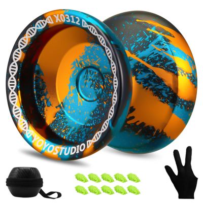 YOYOSTUDIO X0312 Unresponsive Finger Spin Yoyo Professional, Responsive Yoyo for Adults Kids, Trick Yoyos Professional with Yo Yo Bearing Kit, 10 Yo-Yo Strings, Case & Glove (Black Gold Blue)