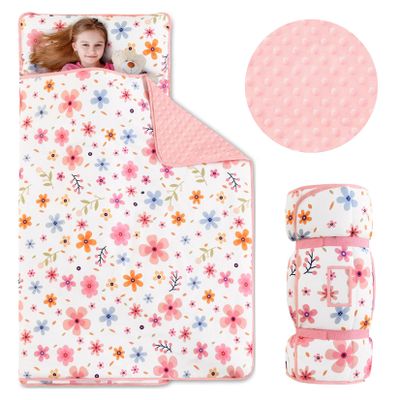 Cozyholy Toddler Nap Mat with Pillow and Blanket Colorful Floral Fleece Kindermat Girls Nap Mats for Preschool Daycare Soft Kids Sleeping Bag Portable Sleeping Mat Toddler Cot Bed for Travel Camping
