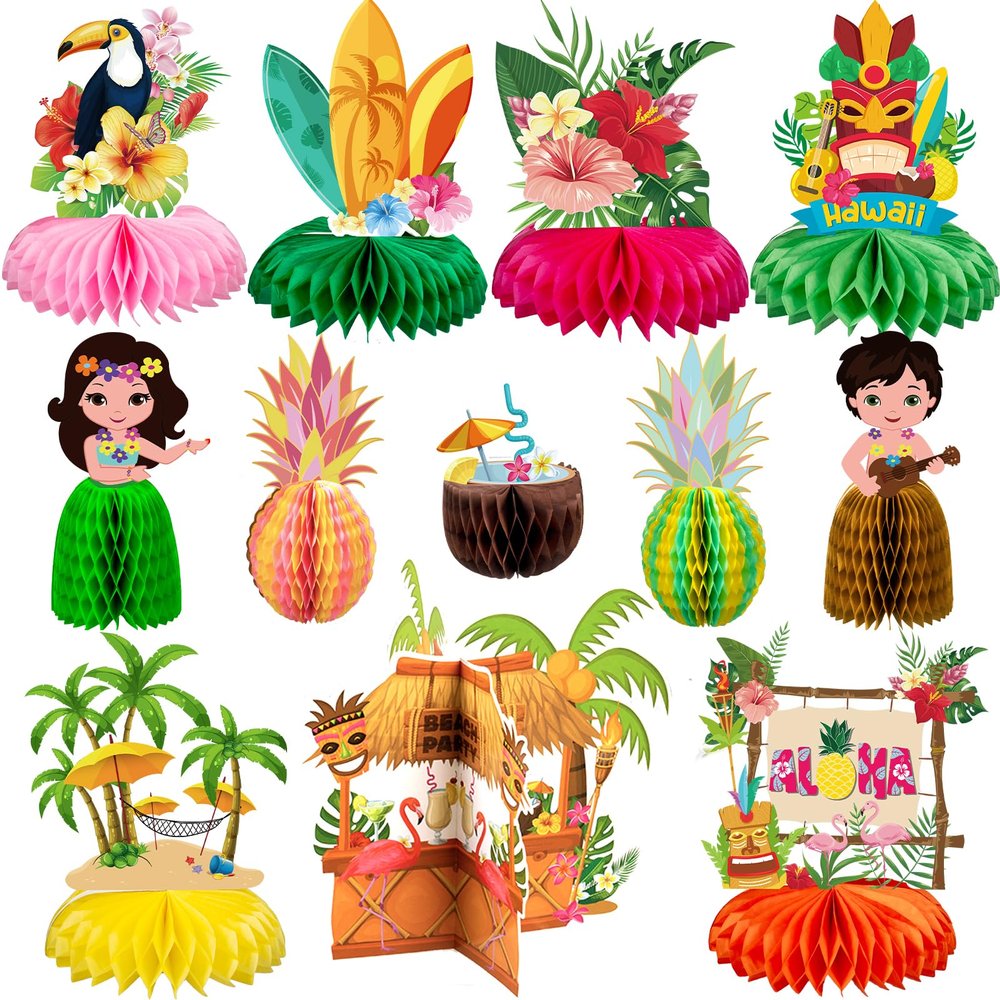 12Pcs Hawaiian Luau Party Table Decorations - Double sided Aloha Flamingo Honeycomb Centerpieces Table Decorations for Hawaiian Tiki Birthday Wedding Pool Party Supplies