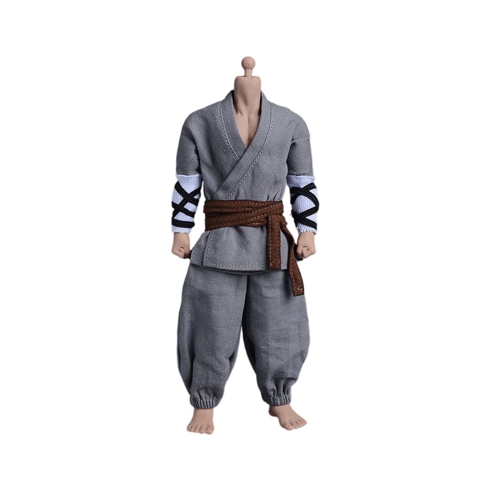 1/12 Scale Male Clothes,Martial Monk Combat Suit Men's Coat Pant Belt Clothing for 6inch Male Soldier Action Figure (Gray)