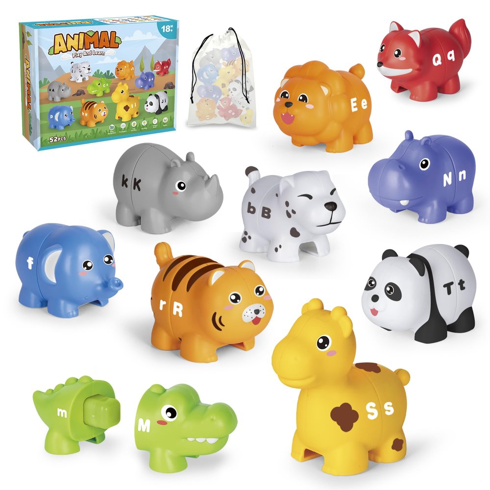 52PCS Animal Alphabet Learning Toys for Toddlers 2-4, 10 Different Animal Figures, Montessori Educational Toys Gifts for Boy Girl, Preschool Learning Activities, Double Sided ABC Matching Game