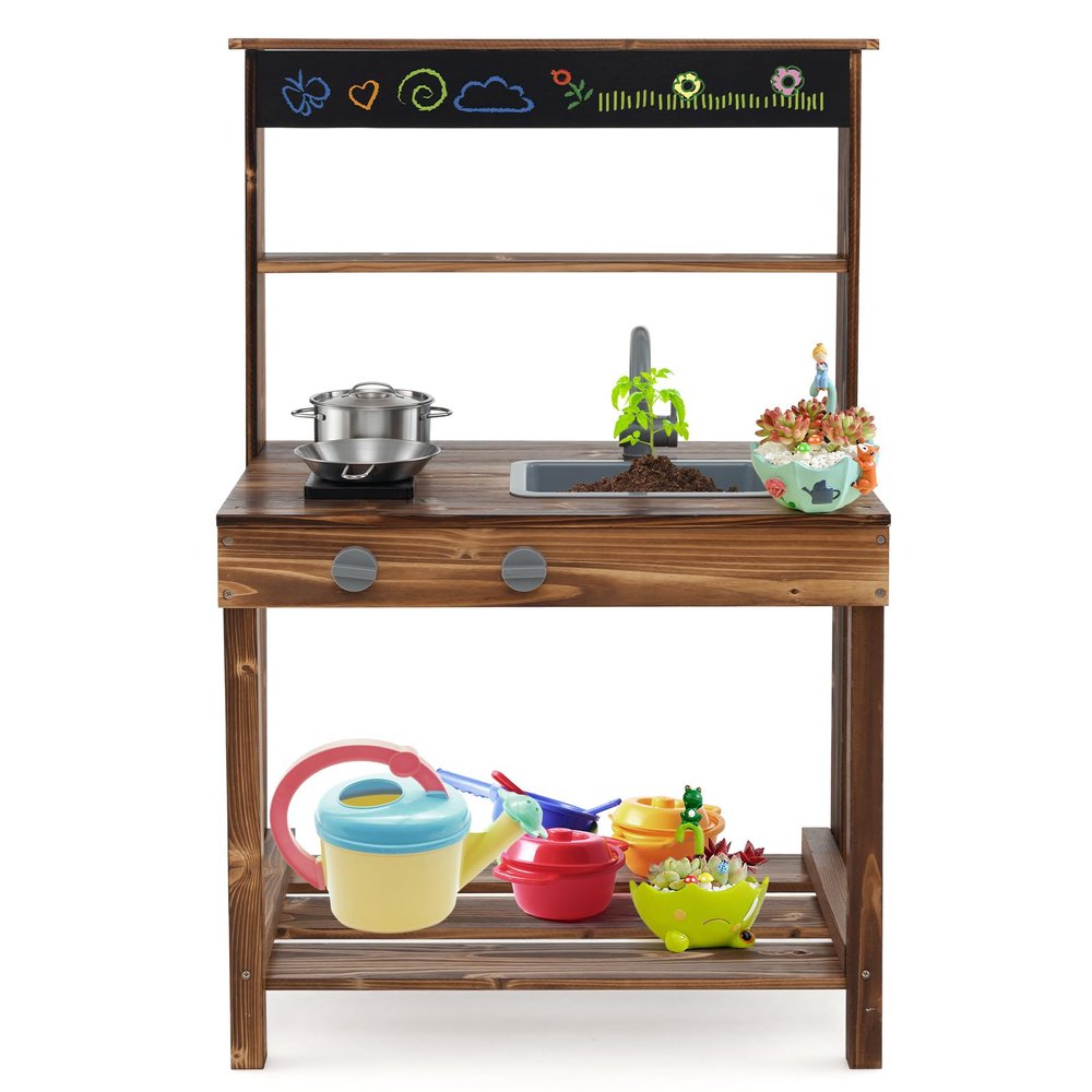 DORTALA Mud Kitchen, Fir Wood Outdoor Play Kitchen with Stoves, Sink & Faucet, Blackboard, Storage Shelf, Kids Kitchen Playset, Mud Kitchen for Kids Outdoor