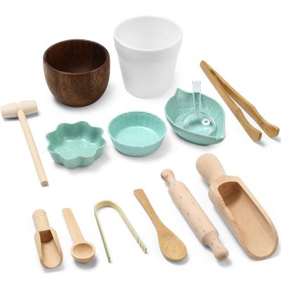 Tiangrid 14pcs Sensory Bin Tool Sensory Tools for Boys and Girls Fine Motor Skill Toys Wooden Tong Spoons Bowls Plate Hammer Magnifying Glass and Rolling Pin for Transfer Work and Fine Motor Learning