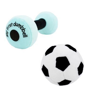 June Garden 2 Pcs My First Plush Bundle - Includes 6" My First Dumbbell Blue and 2.5" Soccer Ball- Plush Baby Rattle Toy - Safe Soft Workout Toy for Infants