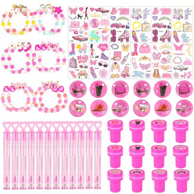128 PCS Hot Pink Party Favors Decorations ,Princess Birthday Supplies Bracelet Stickers Pin Stamp Bubble Wand Gifts Stuffers for Girls Kids