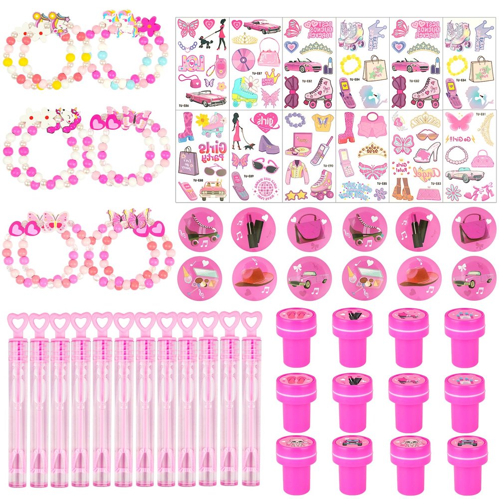 128 PCS Hot Pink Party Favors Decorations ,Princess Birthday Supplies Bracelet Stickers Pin Stamp Bubble Wand Gifts Stuffers for Girls Kids