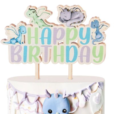 CORNER LACE Dragon Happy Birthday Wooden Cake Topper, Fantasy Dragon Cake Pick Magical Cake Stick for Boys Girls Birthday Party Supplies