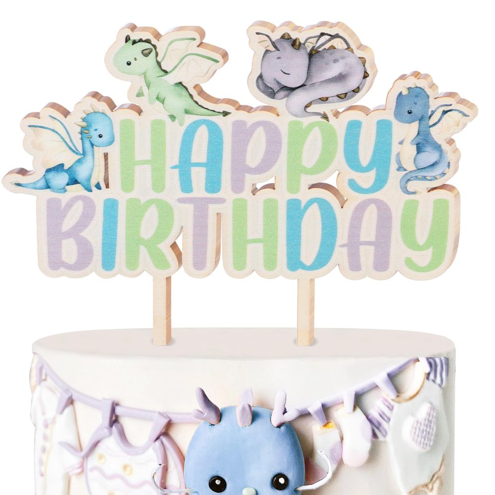 CORNER LACE Dragon Happy Birthday Wooden Cake Topper, Fantasy Dragon Cake Pick Magical Cake Stick for Boys Girls Birthday Party Supplies