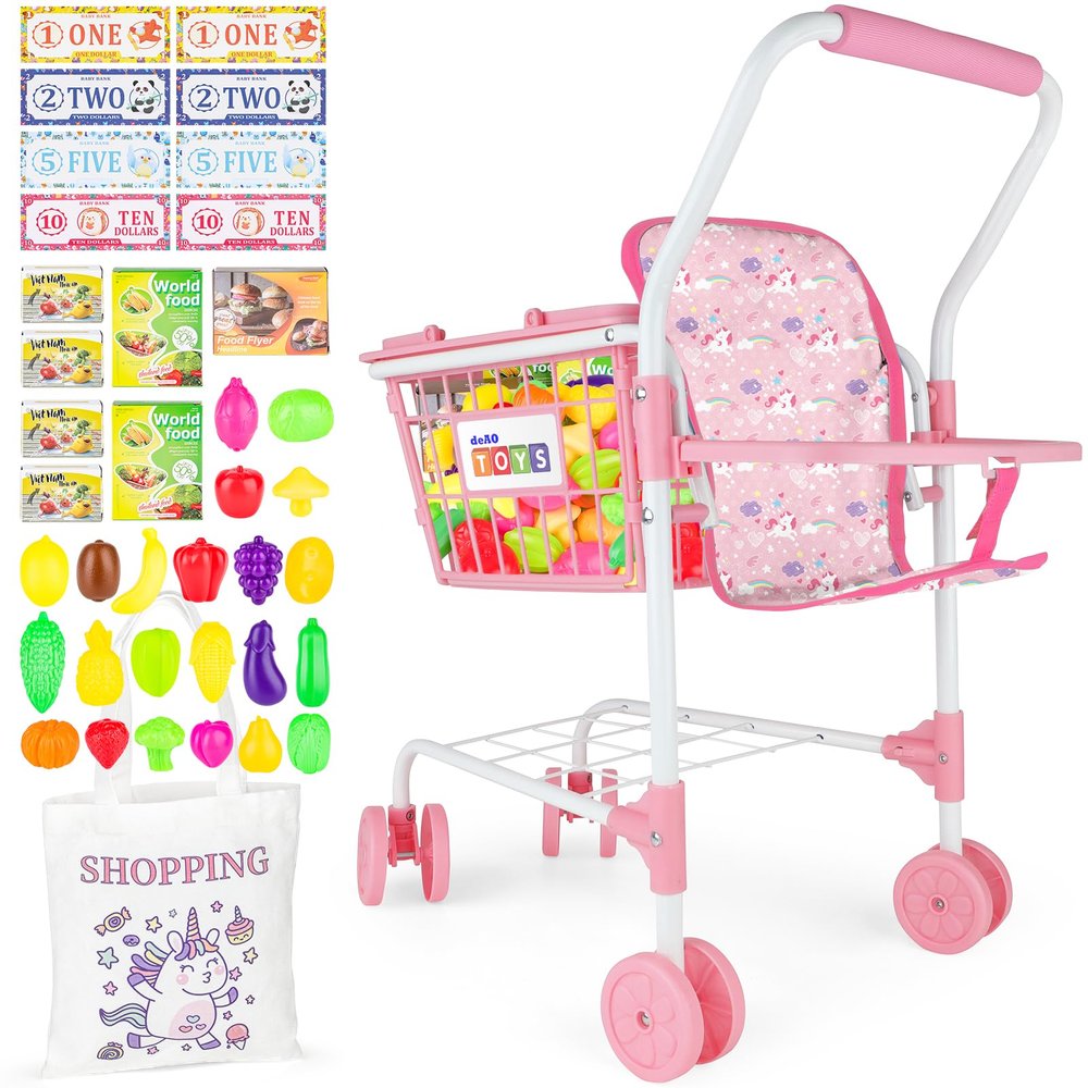 deAO Kids Shopping Cart Play Set,Pretend Food and Shop Accessories, 2 in 1 Kids Grocery Trolley with Front Doll Seat Carrier(Doll not Included)